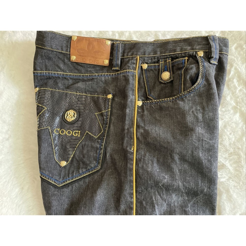Coogi Jeans Mens 44x32 Royal Black Denim Dark Gold Straight Baggy Streetwear